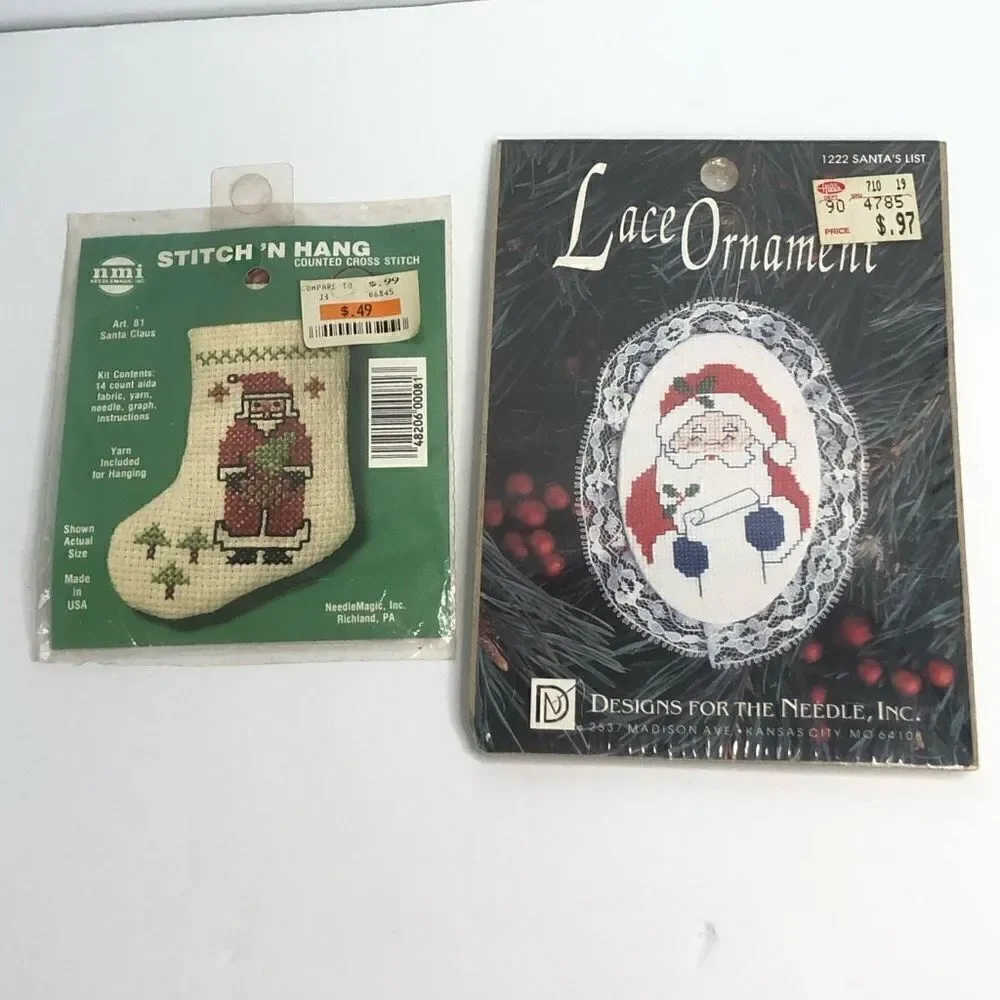 vintage needle art stitch and hang mini santa stocking‎ mini santa lace ornament